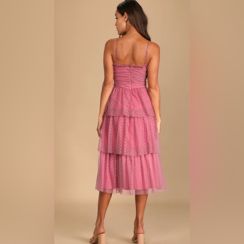 Lulus Sweetheart Style Mauve Polka Dot Bustier Tiered Midi Dress Sz Large - Picture 4 of 4